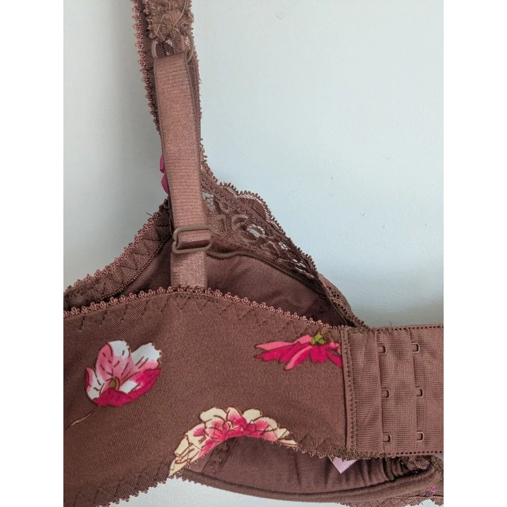 Y2K Sophie B Bra Brown Pink Floral Lace Padded Underwire Adjustable Straps 36DD